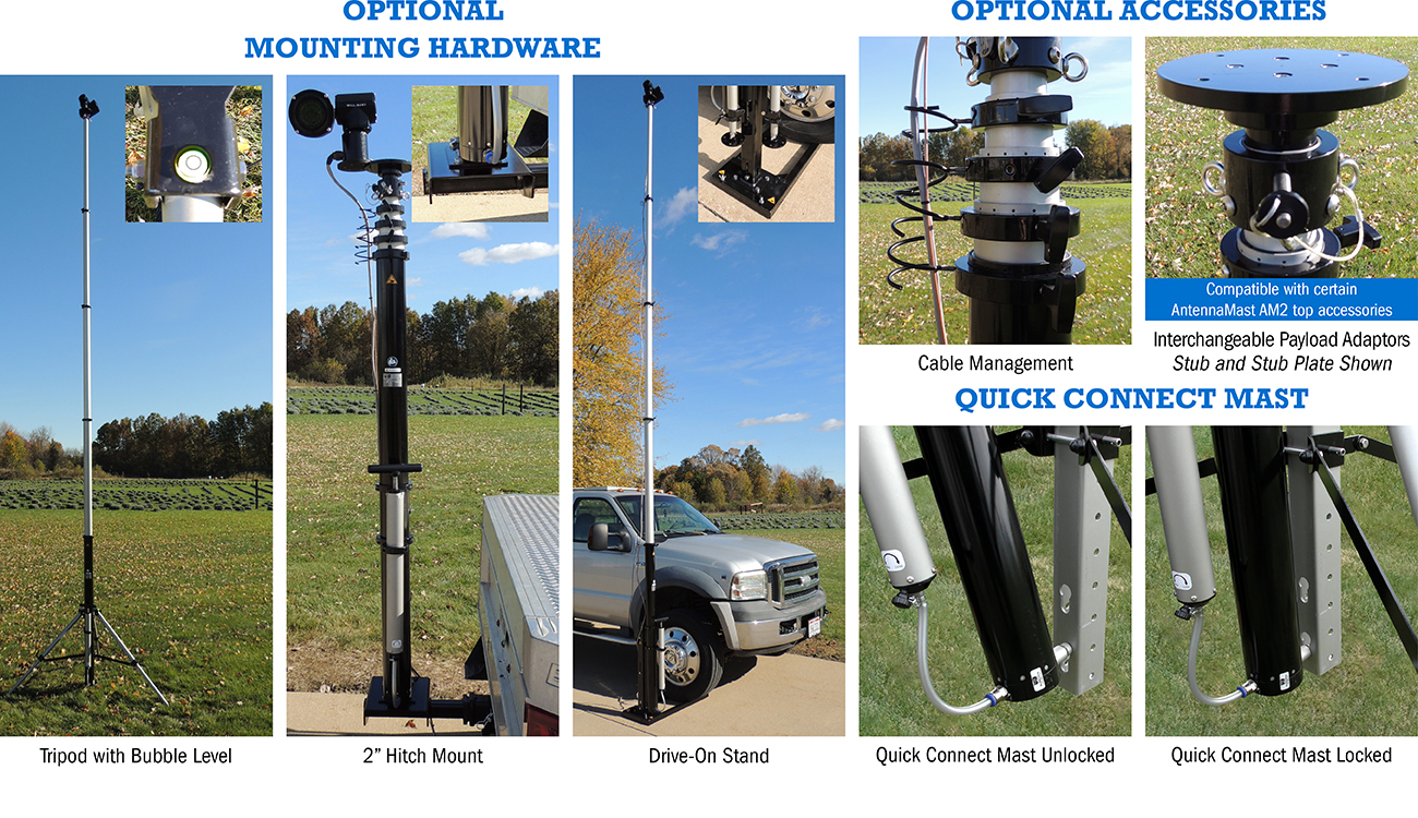 The Hurry-Up Portable Pump Up Telescoping Mast is flexible and versatile with optional accessories allowing it to be deployed in a variety of settings and designed to be integrated with one another.