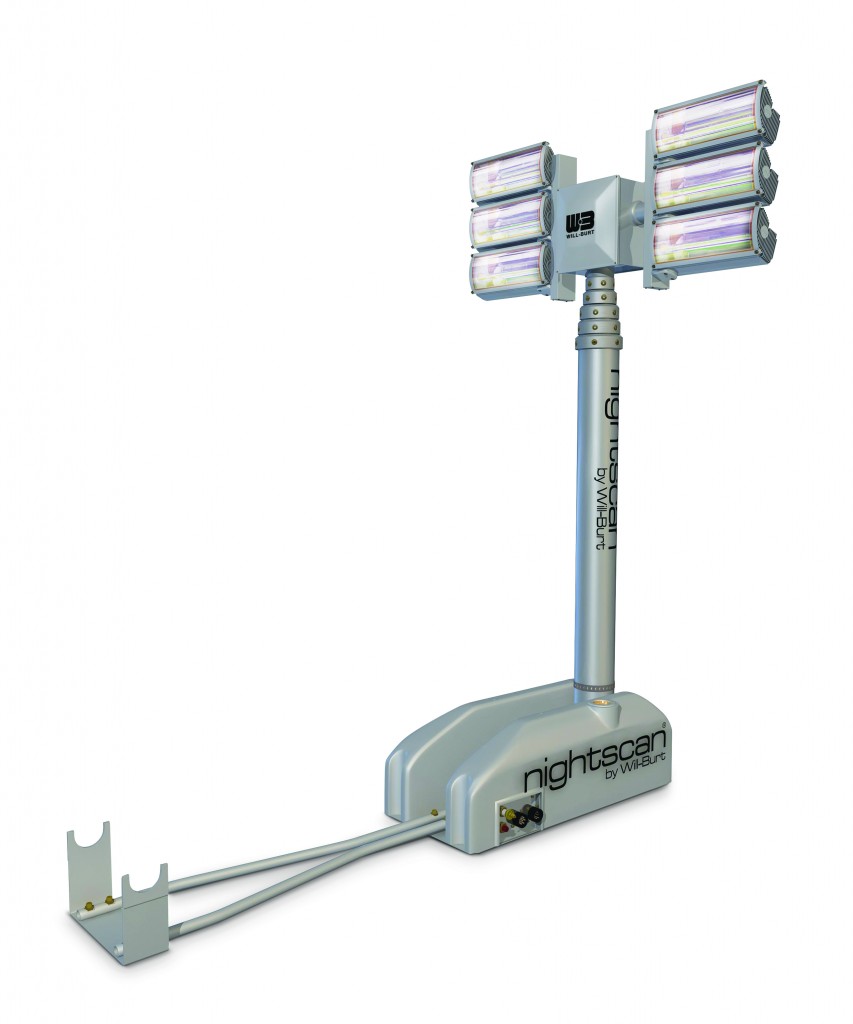 The Will-Burt Night Scan® Powerlite is a roof-mounted, fold-down light tower which requires no interior vehicle space. It is typically used on heavy-rescue vehicles, mobile command centers, airport ARFF vehicles or large wreckers. Opposable light fixtures provide equal lighting forward and backward at the same time – 360˚ of light. Delivering up to 9000 watts of AC illumination, the Night Scan® Powerlite is ideal on any vehicle where maximum light is required. The Powerlite can be elevated with truck air or optional on-board compressor and is available with all DC (12V/24V DC) operation in which generator or inverter is not required.