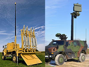 The SPM Spindle Mast Systems are developed for the highest requirements in precision and high payloads with specially treated aluminum mast tubes suited for optical / electronic intelligence, monitoring and target recognition as well as electronic warfare systems.  The KVR Heavy-Duty model range is in use for military and commercial applications with a range of applications such as complex communication systems, surveillance, position location and target acquisition systems.  The KVR has an automatic locking system between the mast sections which ensures failure-free operation, also under extreme environmental conditions at -60 F (- 50 C) and wind speeds up to 80 mph (130 km/h).  In addition, special guidance systems guarantee exact adjustment – despite heavy payloads, qualified for vehicle, trailer, shelter or field deployment.